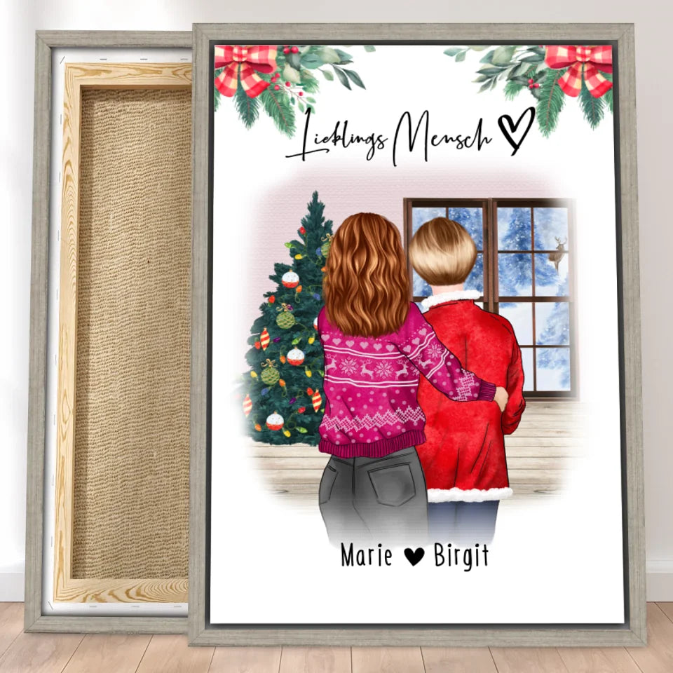 Personalisierte Leinwand - Mutter/Mama + Tochter (stehend) - Weihnachtsleinwand