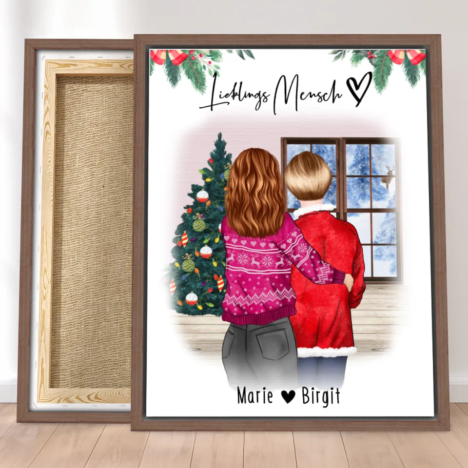 Personalisierte Leinwand - Mutter/Mama + Tochter (stehend) - Weihnachtsleinwand