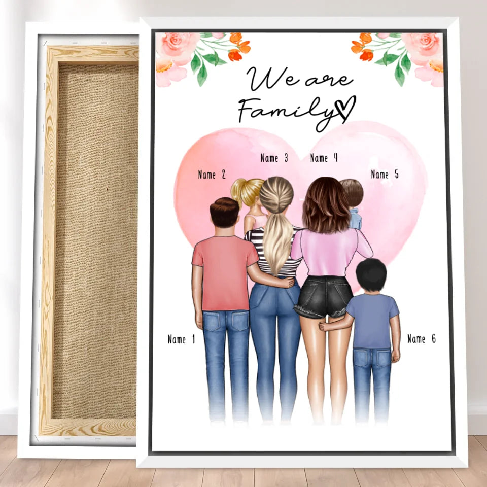 Personalisierte Leinwand - Familie (lesbisch/gleichgeschlechtlich) + 1-4 Kinder