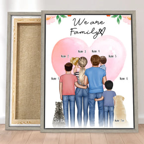 Personalisierte Leinwand - Familie + 1-4 Kinder + 1-2 Hunde/Katzen