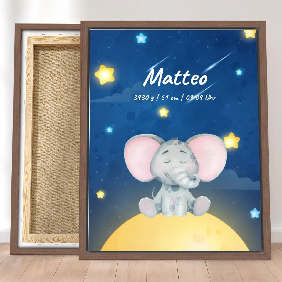 Personalisierte Baby/Kinder Leinwand - Sternenhimmel mit schlafenden Tieren + Kindernamen