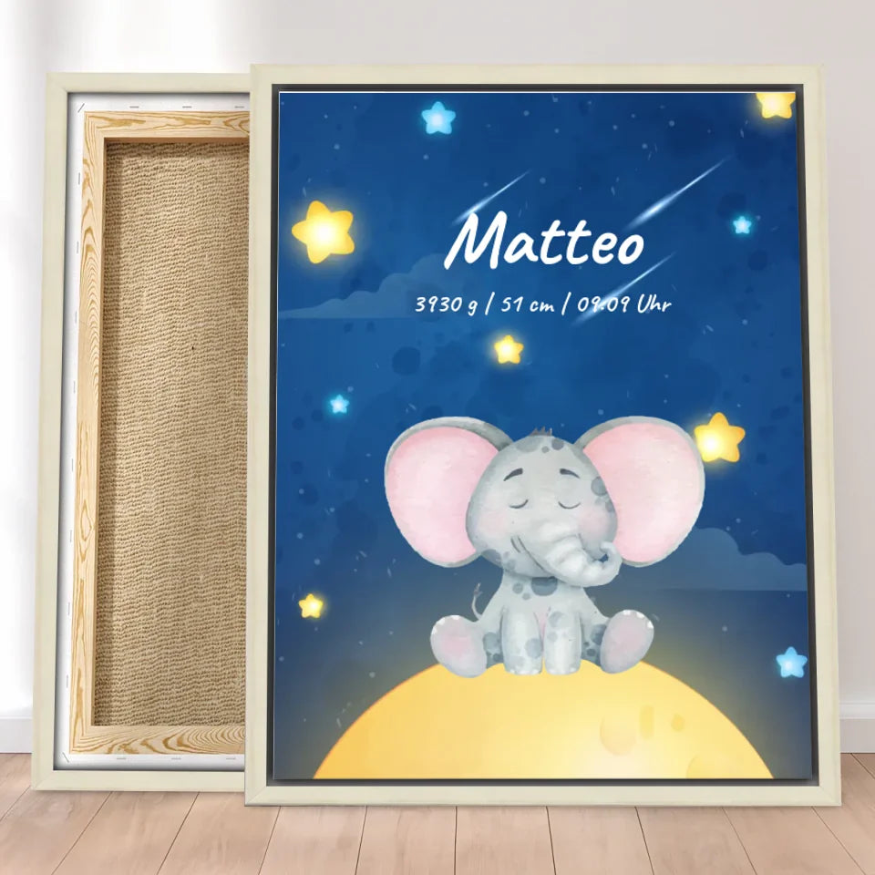 Personalisierte Baby/Kinder Leinwand - Sternenhimmel mit schlafenden Tieren + Kindernamen