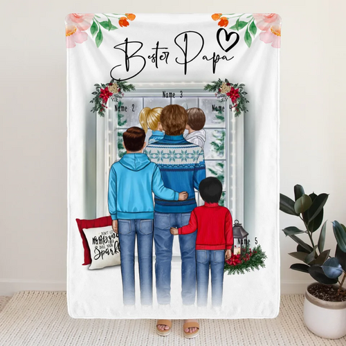 Personalisierte Decke - Papa/Vater + 1-4 Kinder - Weihnachtsdecke