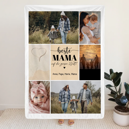 Personalisierte Decke - Beste Mama auf der ganzen Welt - Fotocollage mit 6 Bildern