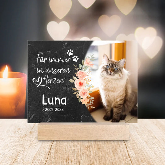 Personalisiertes Trauerschild mit Trauerspruch für Katze - Für immer in meinem/unseren Herzen