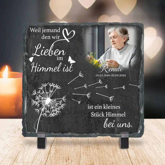 Personalisierte Schiefertafel - Trauerschild mit Pusteblume, Spruch & Daten