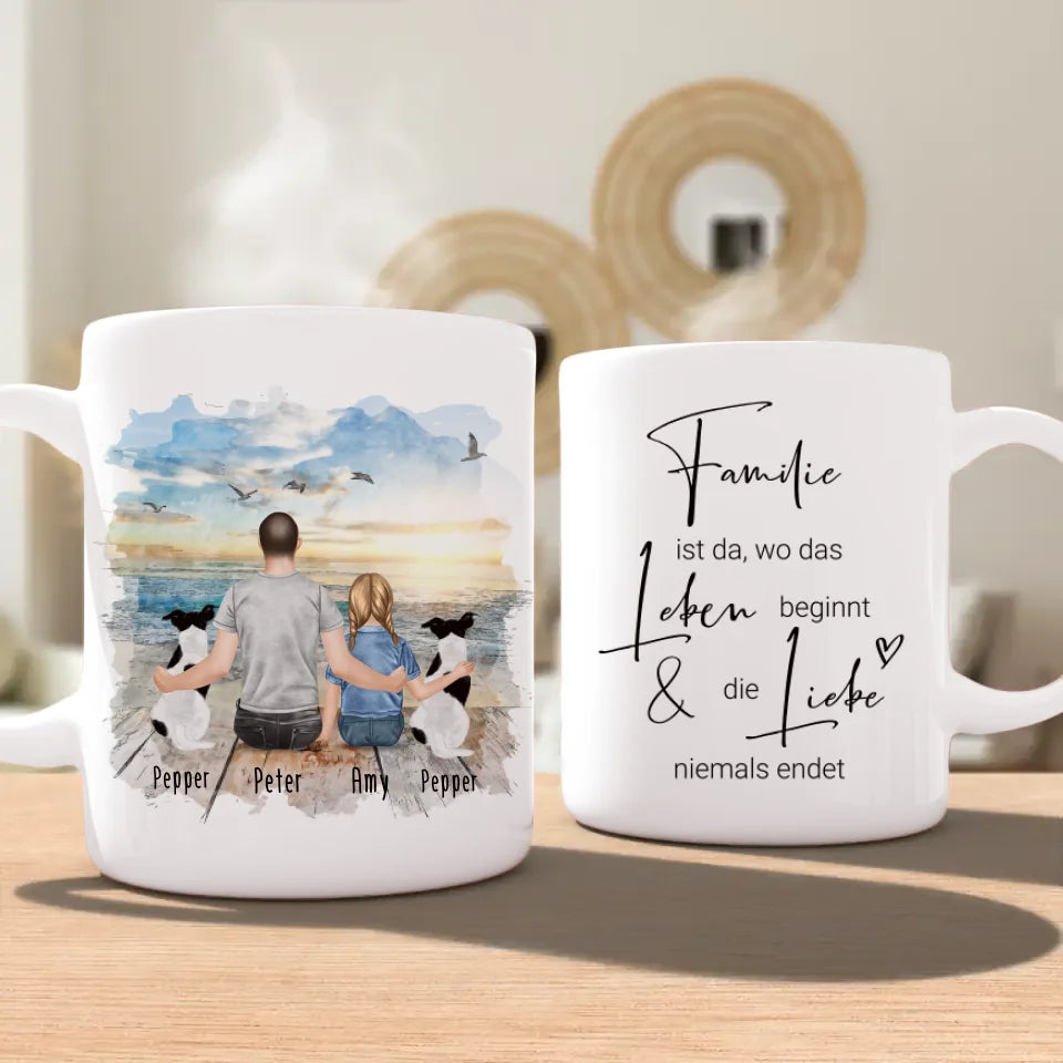 Personalisierte Tasse - 1 Mann + 1 Kind + 2 Hunde