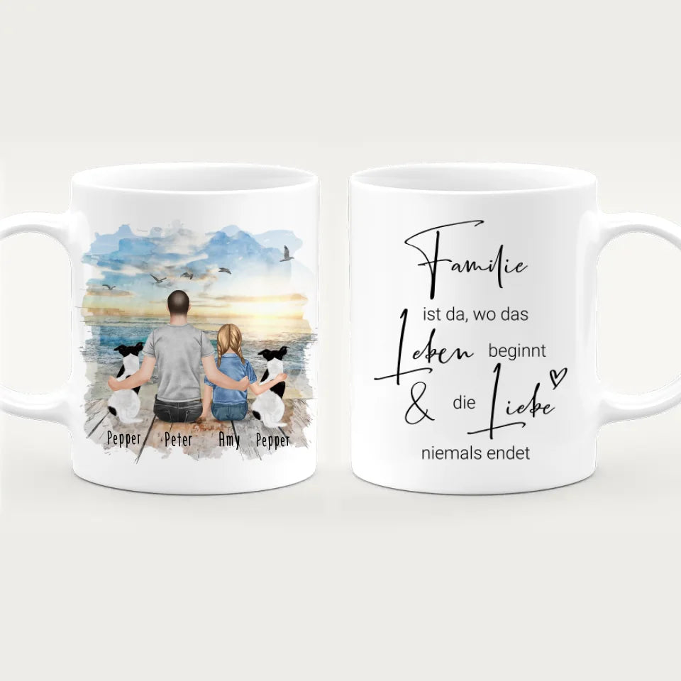 Personalisierte Tasse - 1 Mann + 1 Kind + 2 Hunde