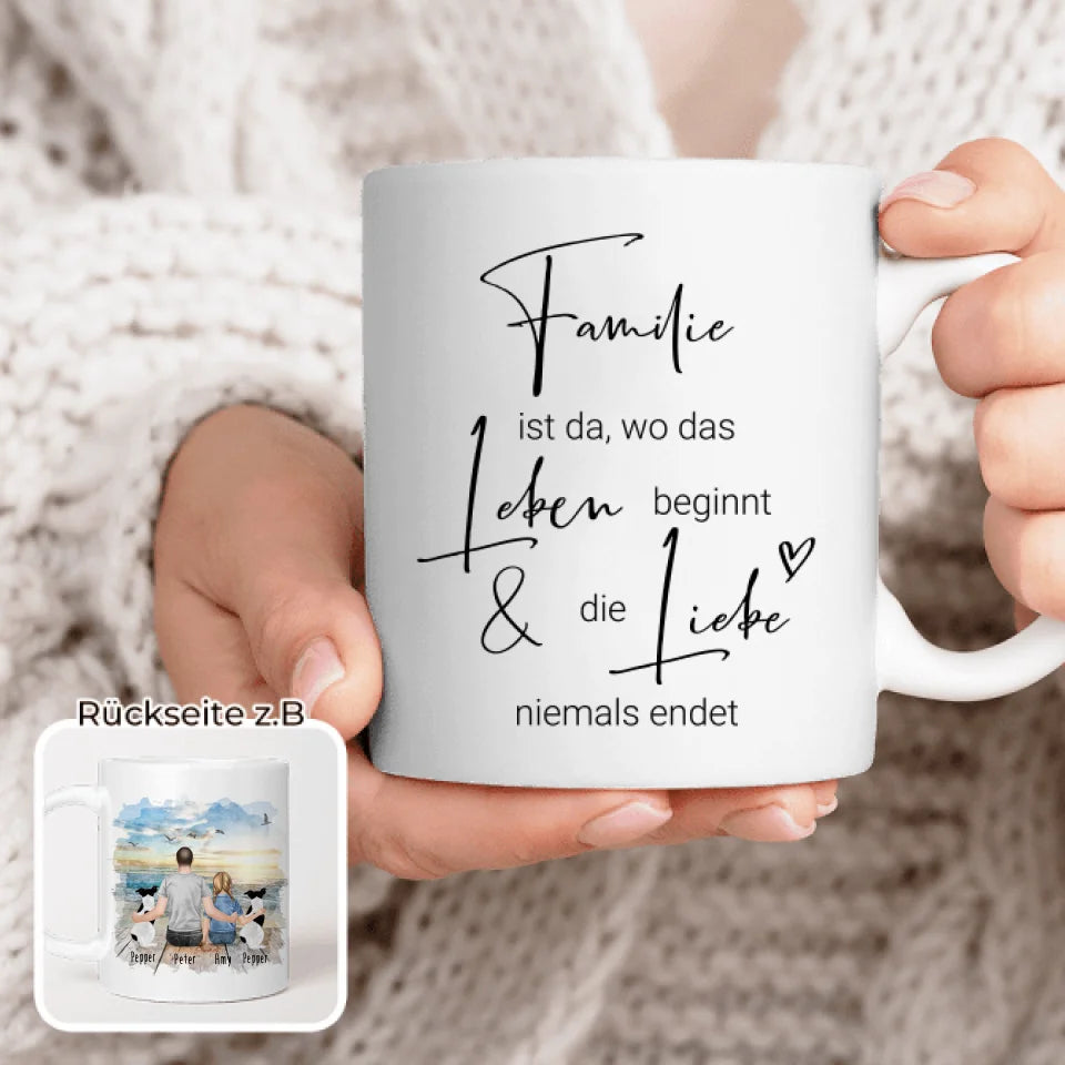 Personalisierte Tasse - 1 Mann + 1 Kind + 2 Hunde