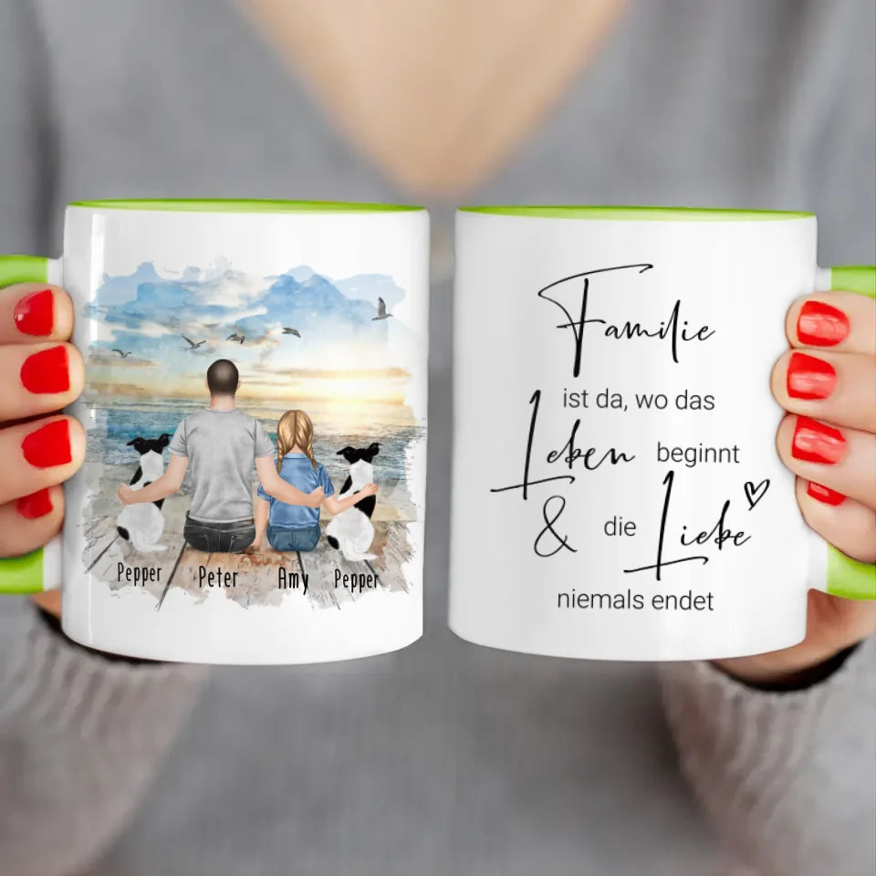 Personalisierte Tasse - 1 Mann + 1 Kind + 2 Hunde