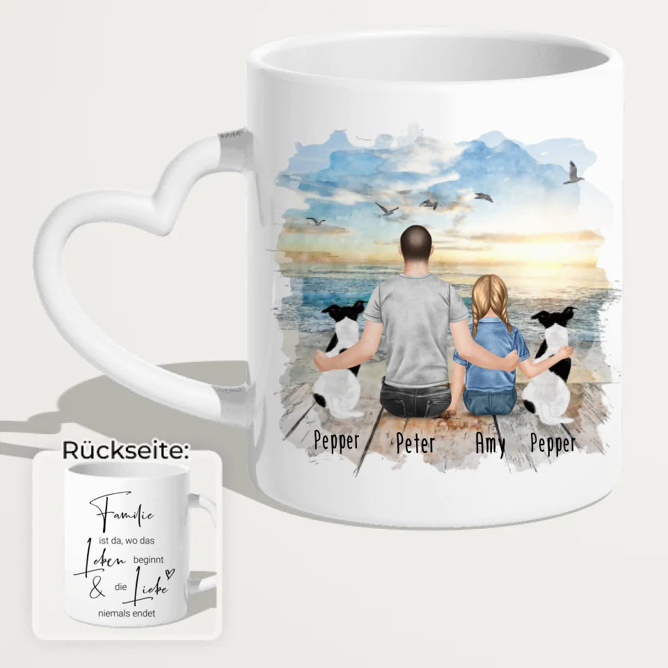 Personalisierte Tasse - 1 Mann + 1 Kind + 2 Hunde