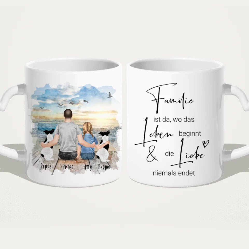 Personalisierte Tasse - 1 Mann + 1 Kind + 2 Hunde