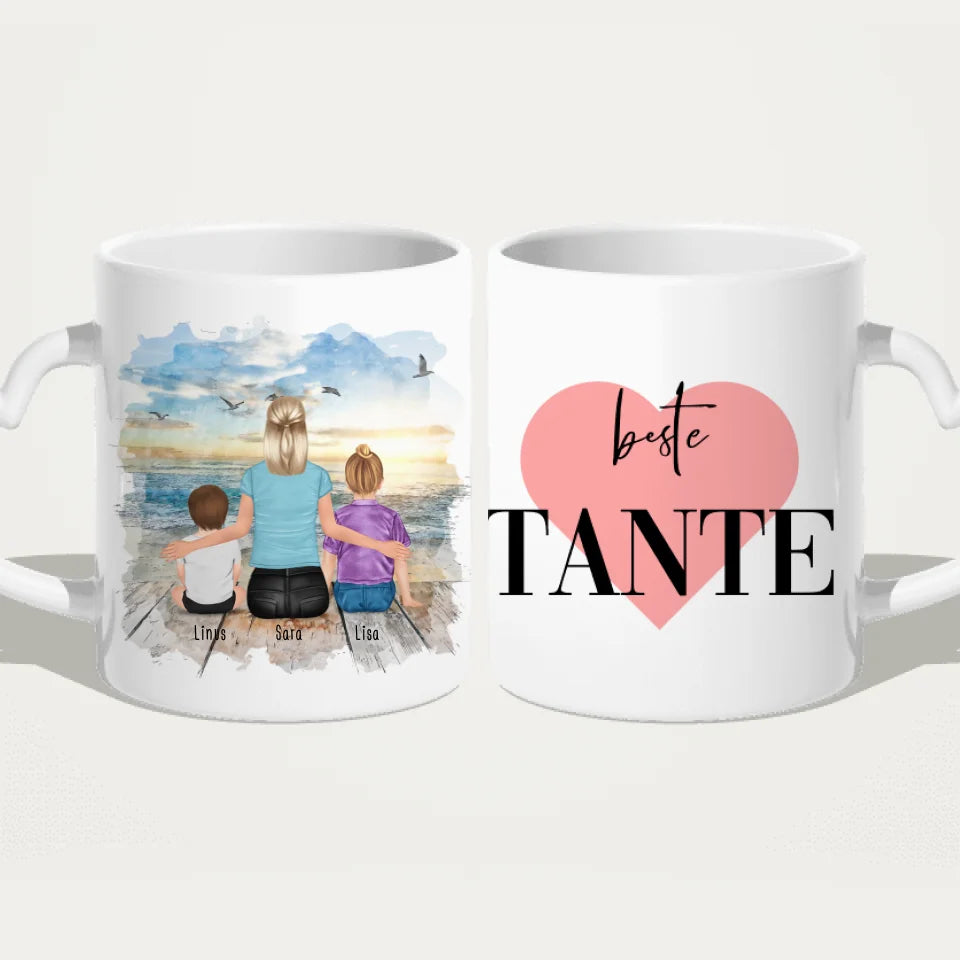 Personalisierte Tasse mit Tante (1 Baby + 1 Kind + 1 Tante)