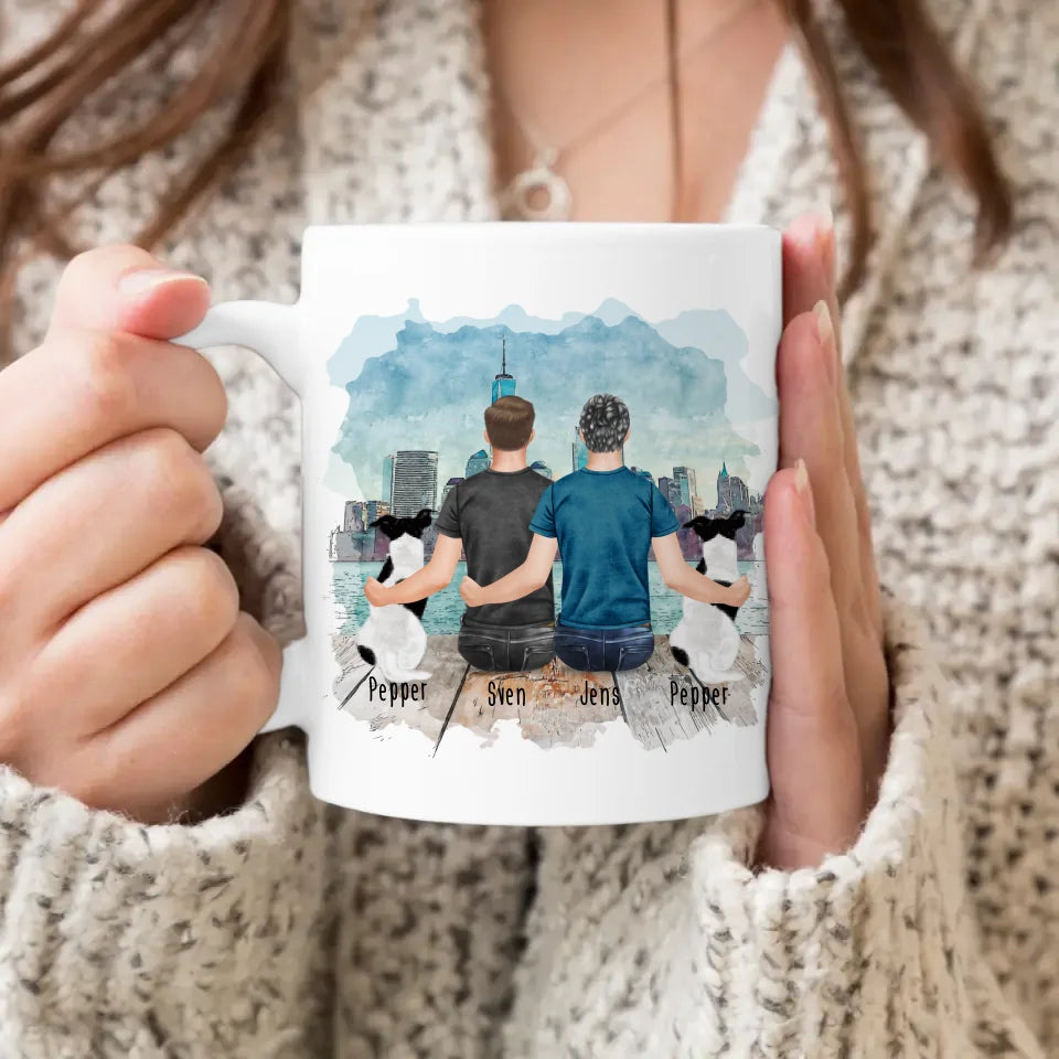 Personalisierte Tasse - 2 Männer + 2 Hunde