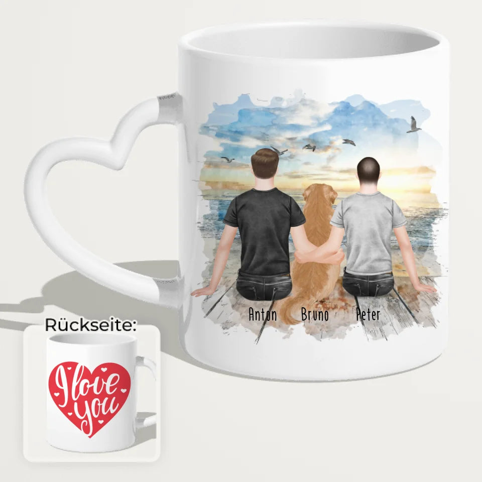 Personalisierte Tasse - 2 Männer + 1 Hund (Hund in der Mitte)