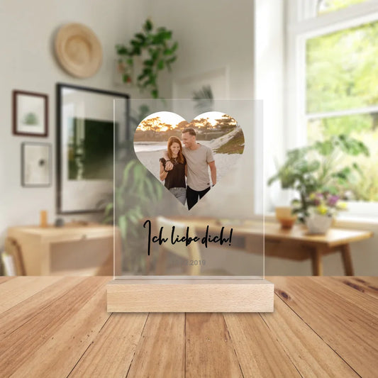 Personalisierte Acrylglasplatte mit eigenem Bild in Herzform, Spruch & Namen - Für Paare