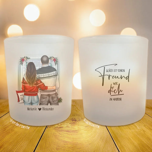 Personalisiertes Teelicht (Satin) - Paar in Weihnachtspullovern (stehend) - Pärchen Tasse - Weihnachtstasse