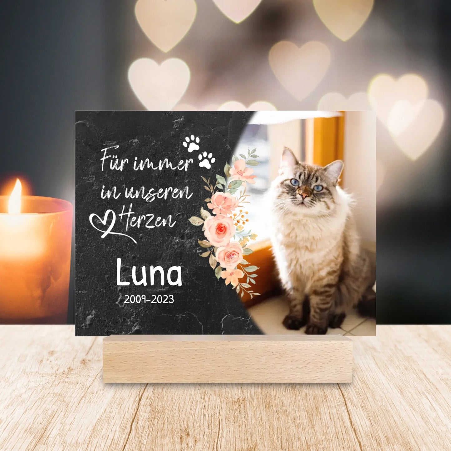 Personalisiertes Trauerschild mit Trauerspruch für Katze - Für immer in meinem/unseren Herzen