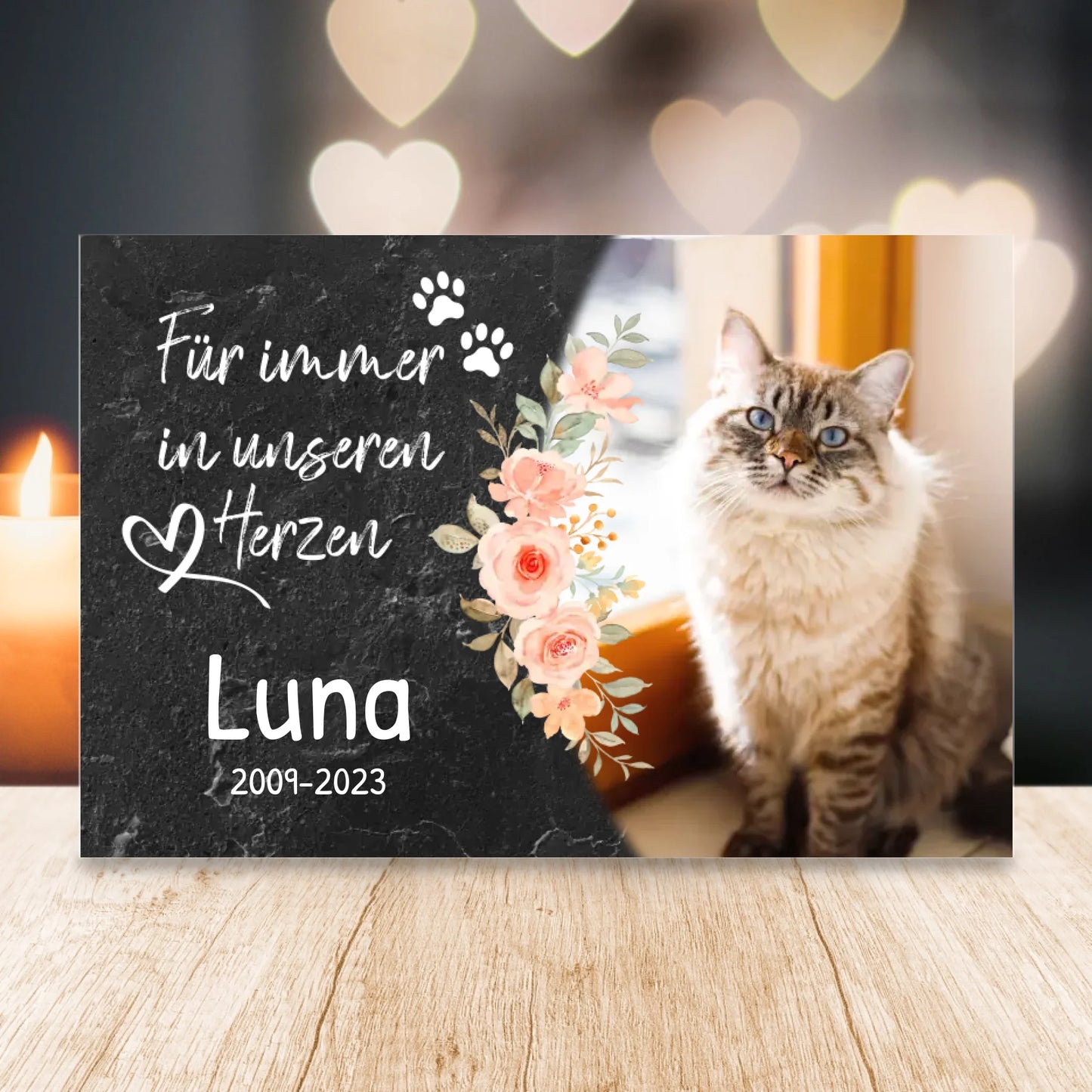 Personalisiertes Trauerschild mit Trauerspruch für Katze - Für immer in meinem/unseren Herzen