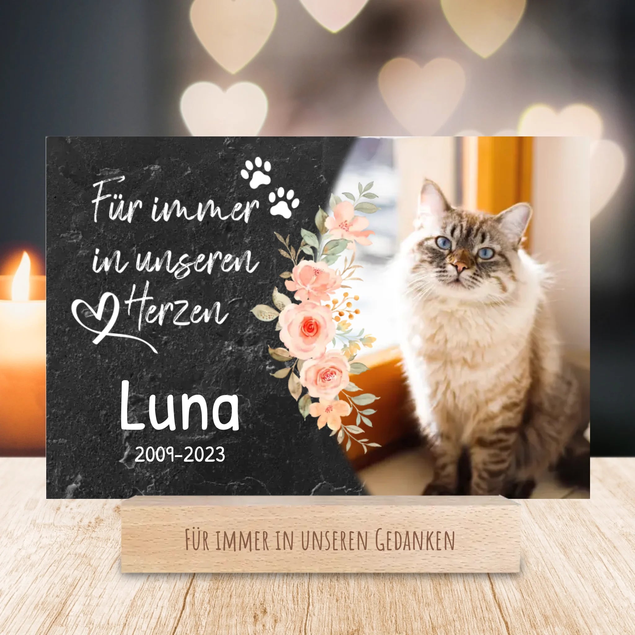 Personalisiertes Trauerschild mit Trauerspruch für Katze - Für immer in meinem/unseren Herzen