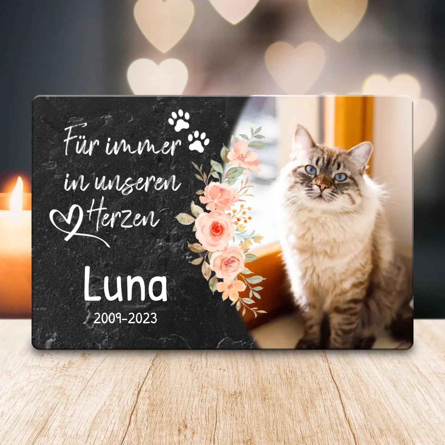 Personalisiertes Trauerschild mit Trauerspruch für Katze - Für immer in meinem/unseren Herzen