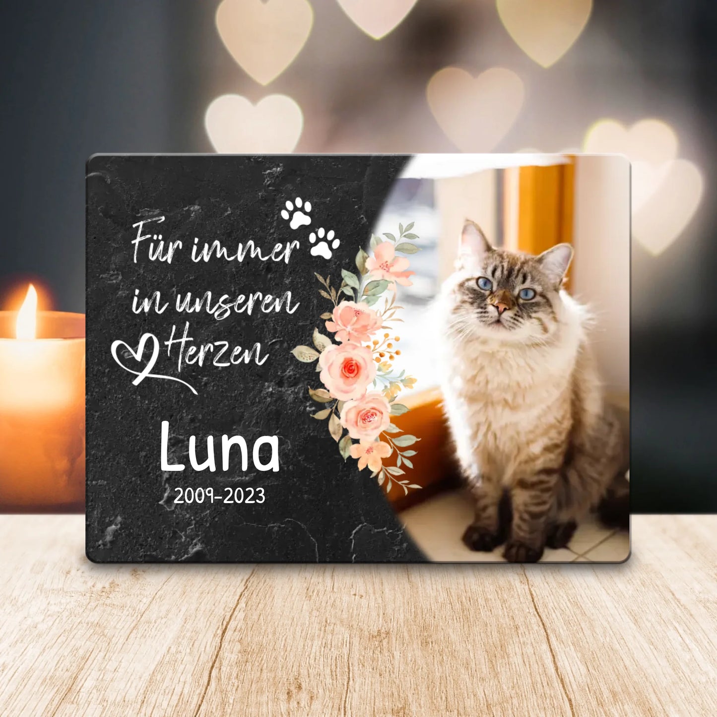 Personalisiertes Trauerschild mit Trauerspruch für Katze - Für immer in meinem/unseren Herzen