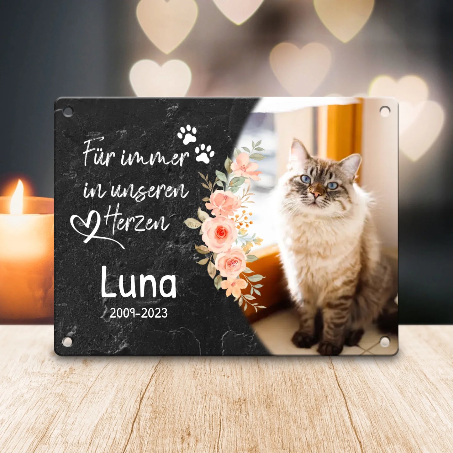 Personalisiertes Trauerschild mit Trauerspruch für Katze - Für immer in meinem/unseren Herzen