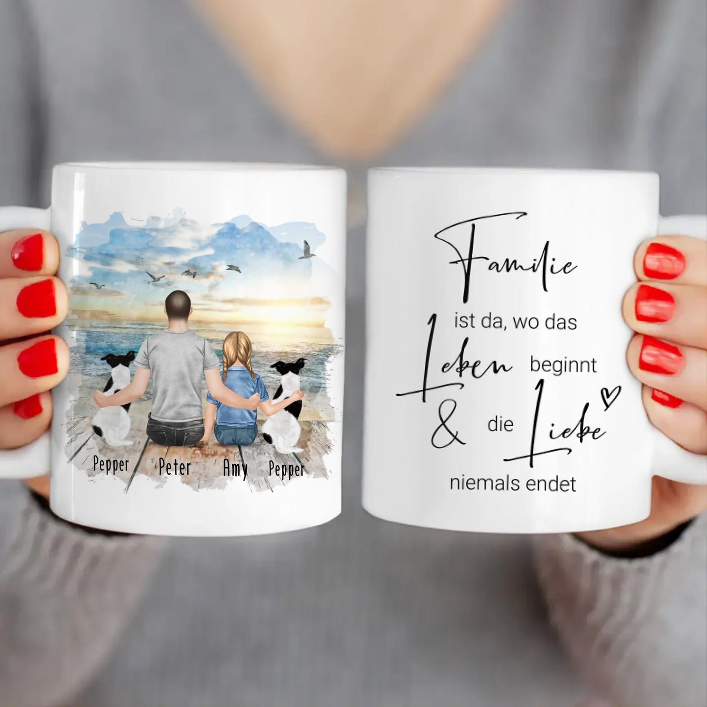 Personalisierte Tasse - 1 Mann + 1 Kind + 2 Hunde