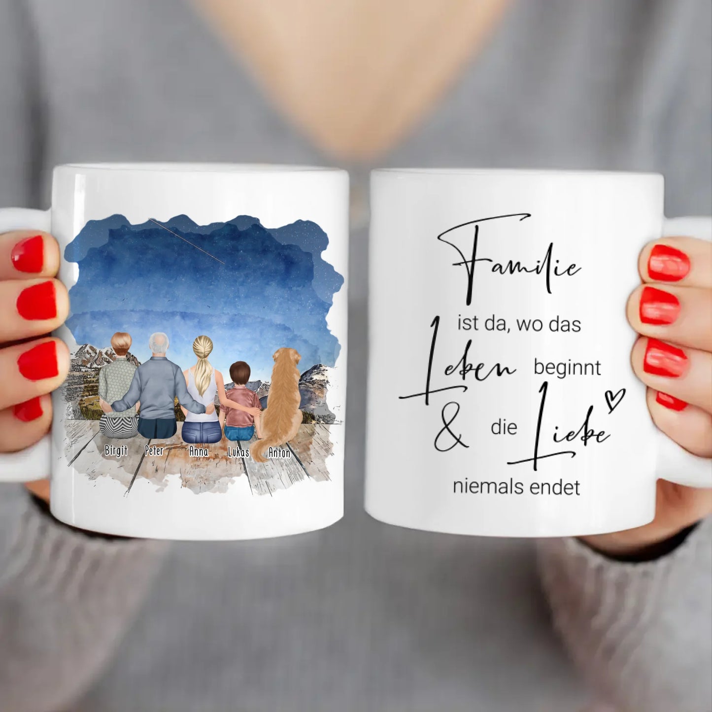 Personalisierte Tasse - Oma, Opa, Frau, Kind + 1 Hund/Katze