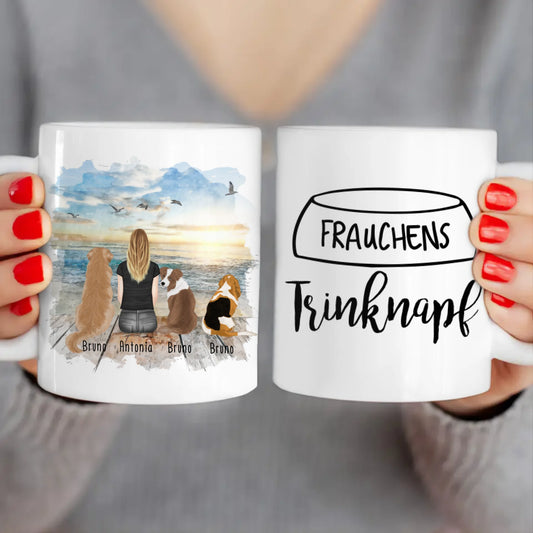 Personalisierte Tasse 1 Frau + 3 Hunde