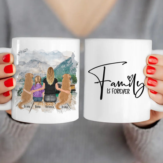 Personalisierte Tasse 1 Frau + 1 Kind + 2 Hunde