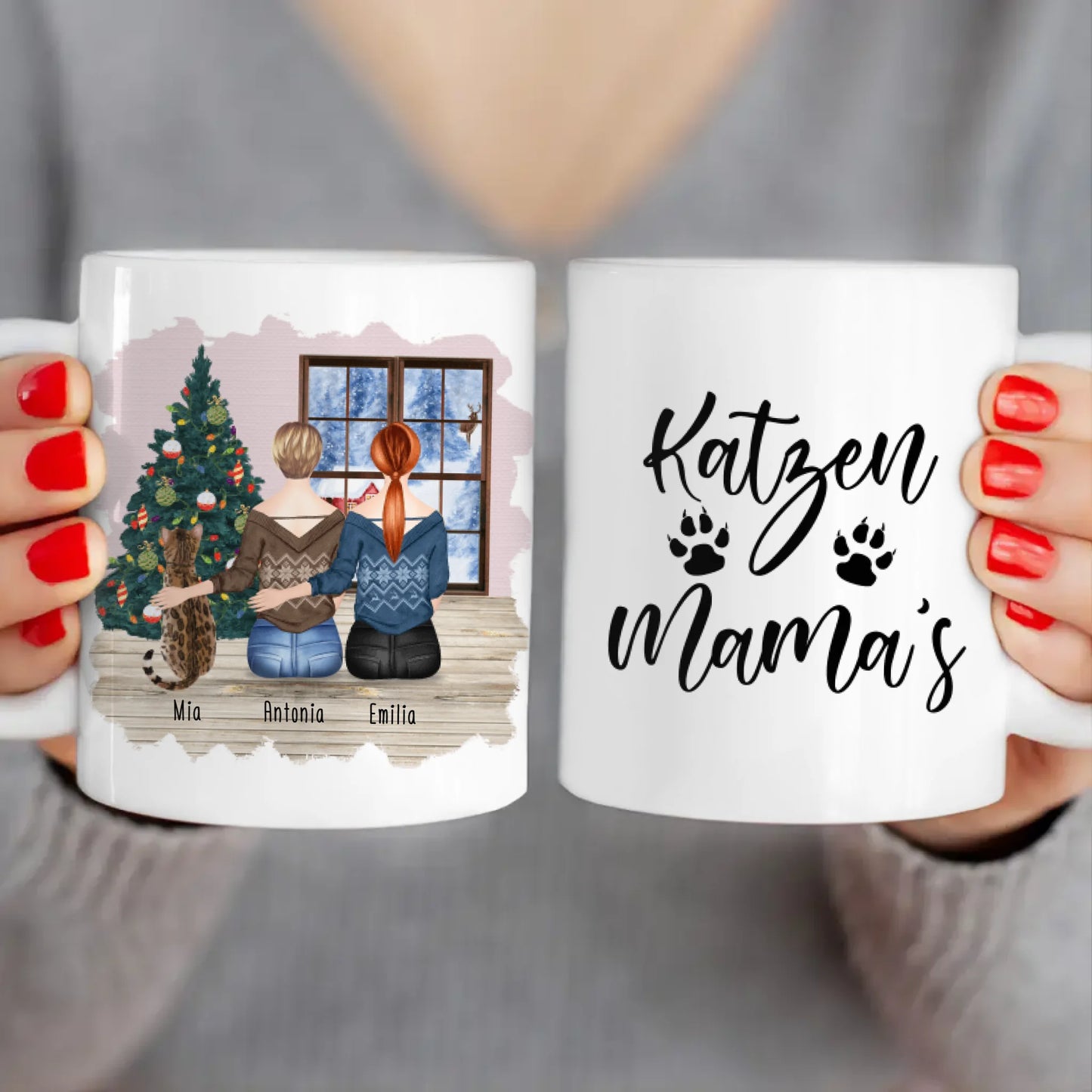 Personalisierte Tasse mit Katze und Frauen (1 Katze + 2 Frauen) - Weihnachtstasse