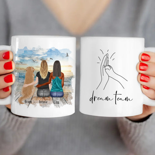 Personalisierte Tasse mit Hund und Frauen (1 Hund + 2 Frauen)