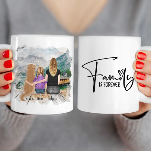 Personalisierte Tasse mit 1 Frau + 1 Kind + 1 Hund