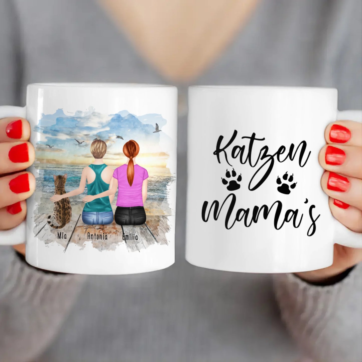 Personalisierte Tasse mit Katze und Frauen (1 Katze + 2 Frauen)