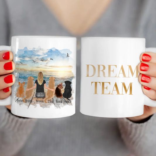 Personalisierte Tasse 1 Frau + 5 Hunde