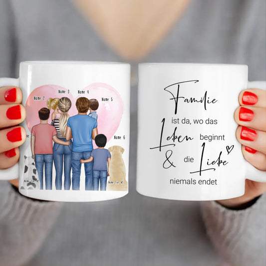 Personalisierte Tasse - Familie + 1-4 Kinder + 1-2 Hunde/Katzen