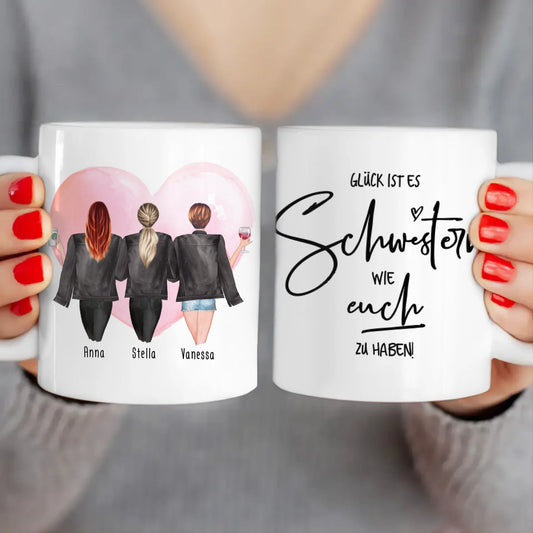 Personalisierte Tasse - Beste Schwestern mit Jacken (3 Schwestern)