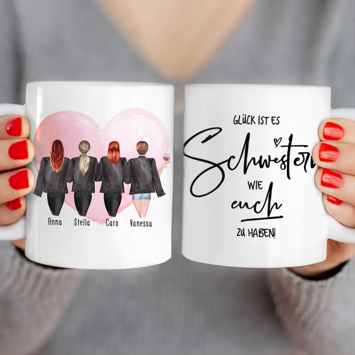 Personalisierte Tasse - Beste Schwestern mit Jacken (4 Schwestern)