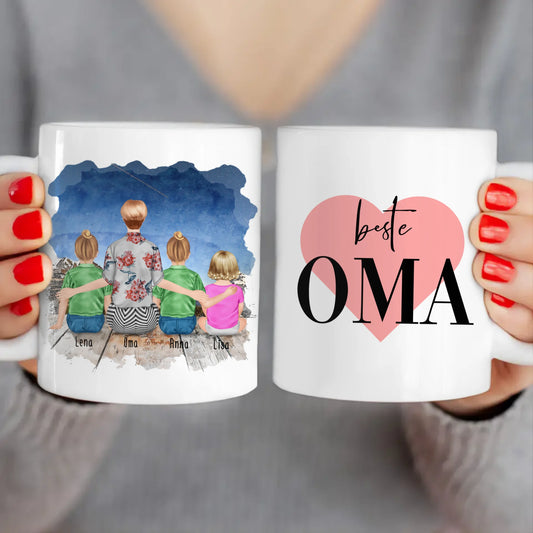 Personalisierte Tasse für Oma (2 Kinder + 1 Baby + 1 Oma)