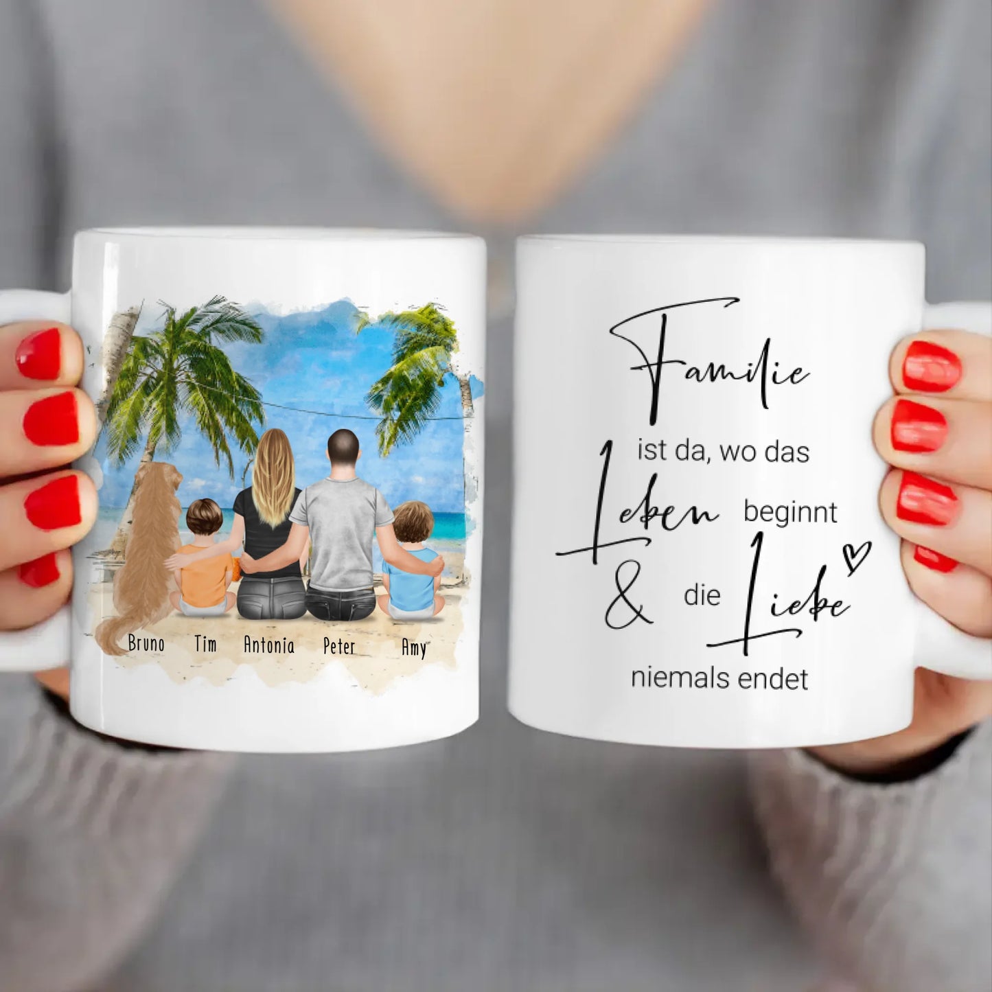 Personalisierte Tasse mit Familie + 1 Hund (2 Babys)