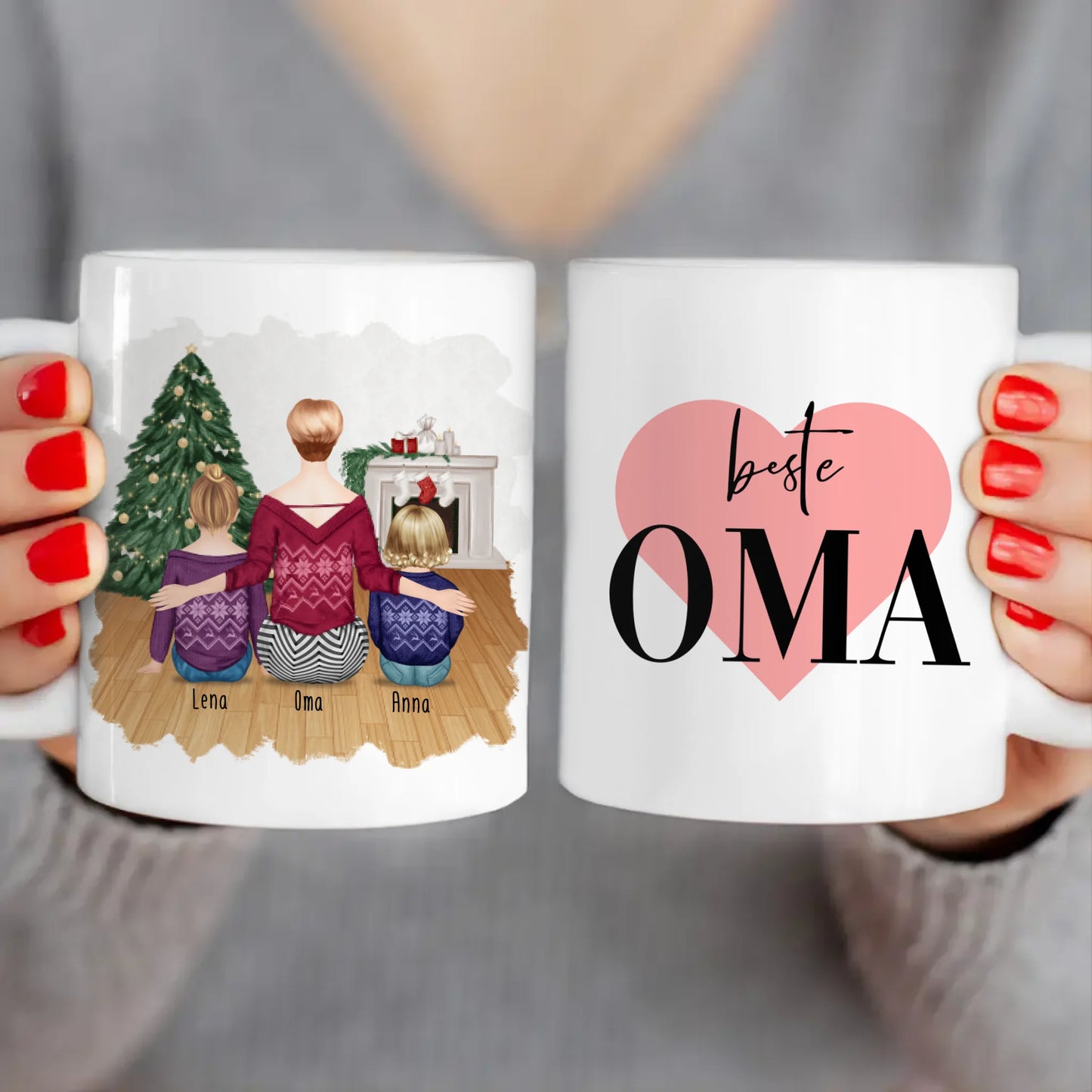 Personalisierte Tasse für Oma (1 Baby + 1 Kind + 1 Oma) - Weihnachtstasse