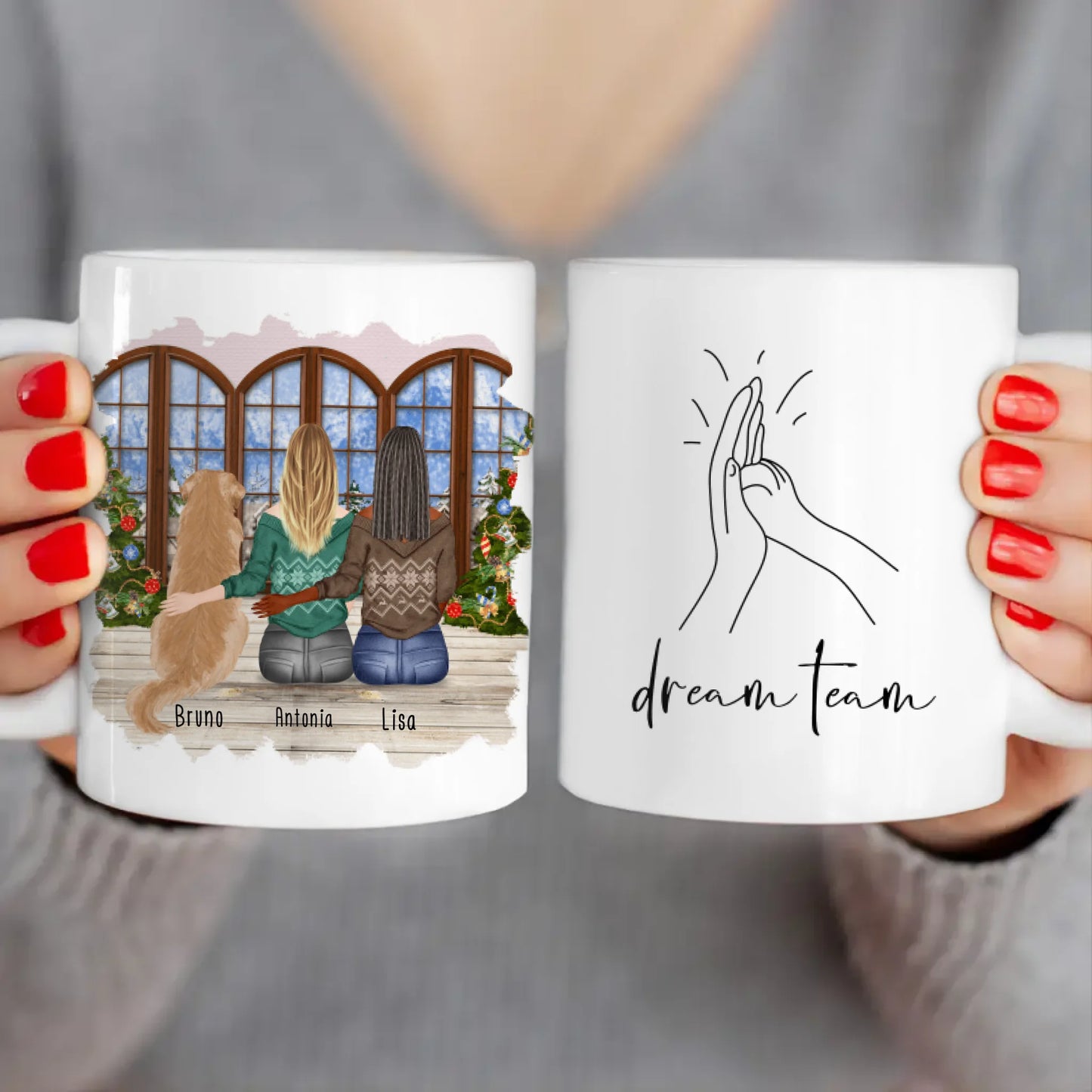 Personalisierte Tasse mit Hund und Frauen (1 Hund + 2 Frauen) - Weihnachtstasse