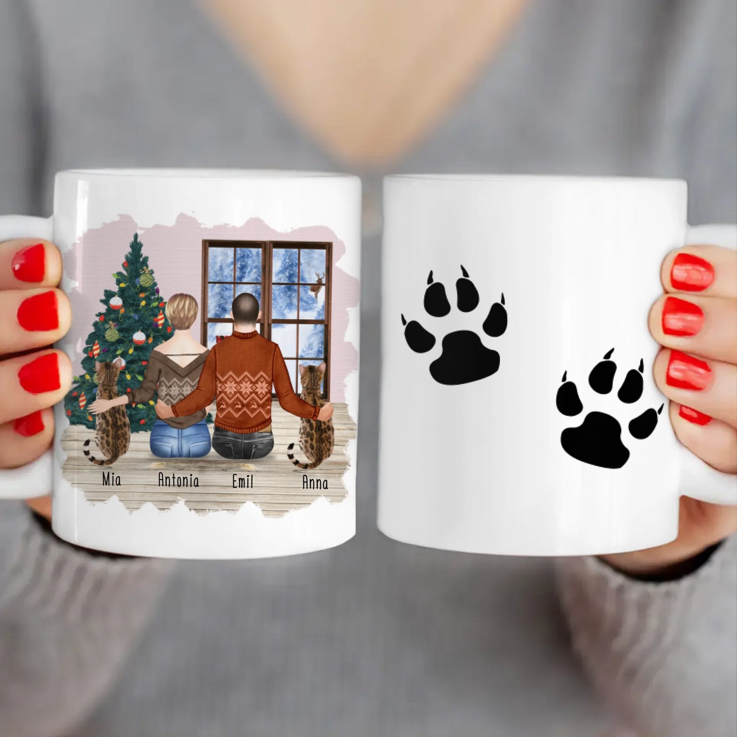 Personalisierte Tasse mit Pärchen und 2 Katzen - Weihnachtstasse