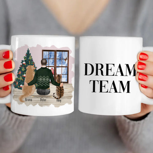 Personalisierte Tasse mit Hund, Katze und Mann (1 Hund + 1 Katze + 1 Mann) - Weihnachtstasse