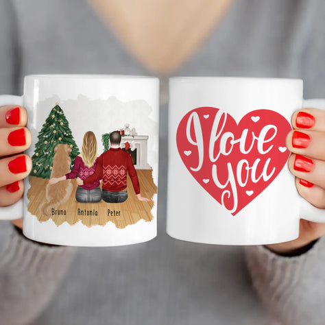 Personalisierte Tasse mit Pärchen und 1 Hund - Weihnachtstasse