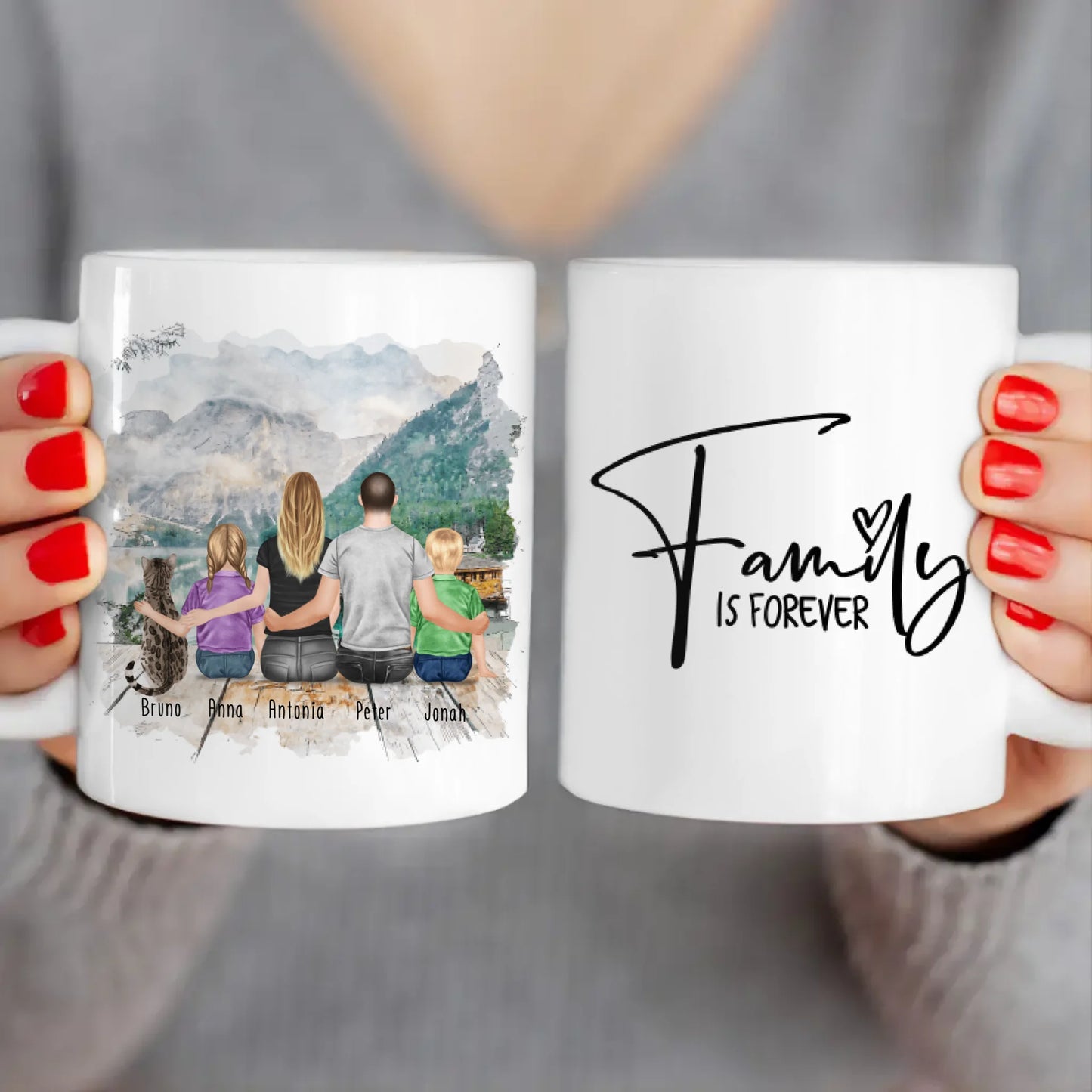 Personalisierte Tasse mit Familie + 1 Katze (2 Kinder)