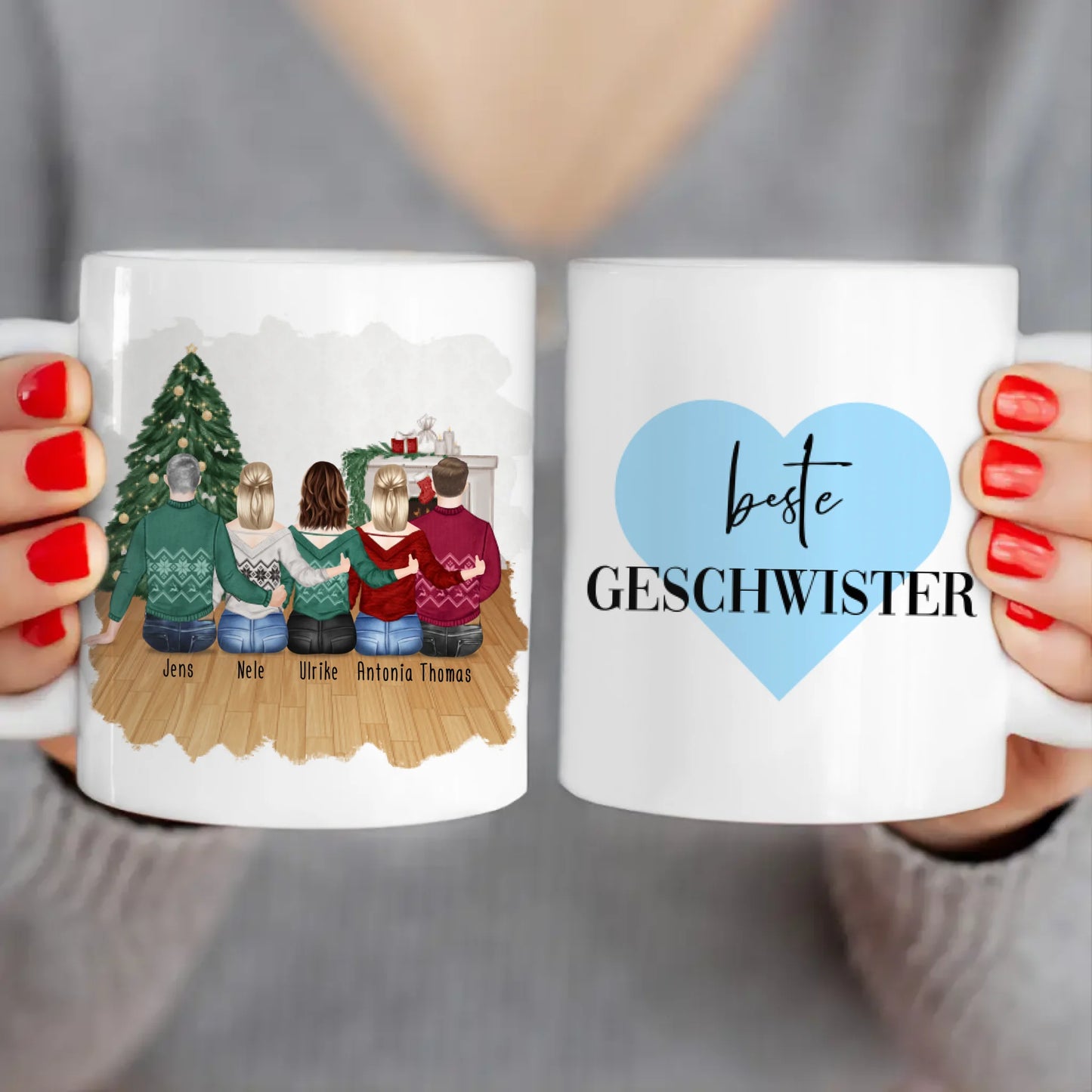 Personalisierte Tasse mit Bruder/Schwester (3 Schwestern + 2 Brüder) - Weihnachtstasse