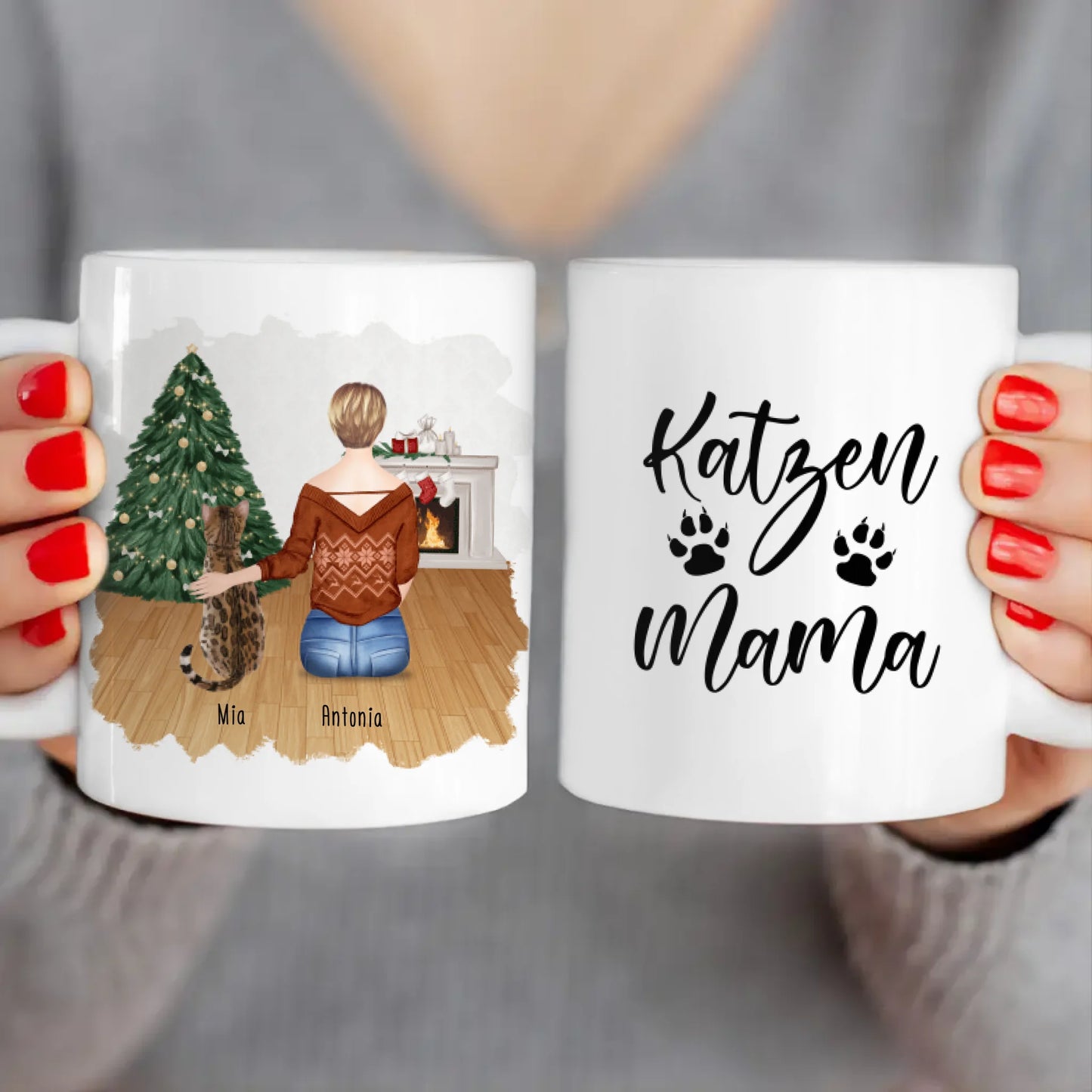 Personalisierte Tasse mit Katze und Frau (1 Katze + 1 Frau) - Weihnachtstasse