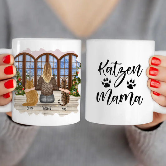 Personalisierte Tasse mit Katze und Frau (2 Katzen + 1 Frau) - Weihnachtstasse